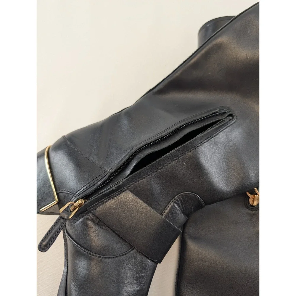 Tory Burch Womens Black Leather Riding Boots Sz 7.5M Gold Logo Buckle Knee High‎
